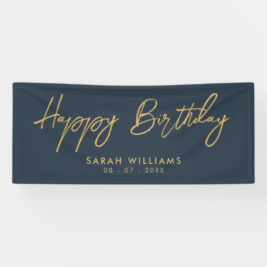 Happy Birthday Navy Blue Gold Modern Script Spandoek (Horizontaal)