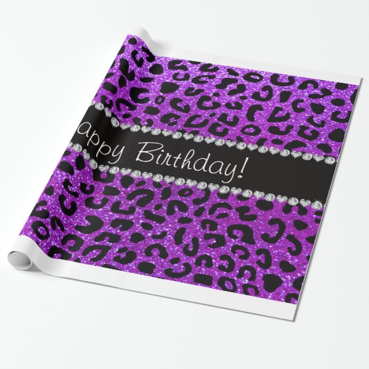 Happy birthday neon paarse glitter cheetah vlekken cadeaupapier (Uitgerold)