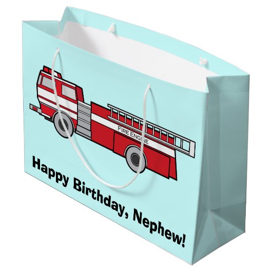Happy Birthday Nephew met Fire Engine Groot Cadeauzakje (Achterkant Gekanteld)