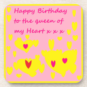 Happy Birthday onderzetter roze rood geel hartjes