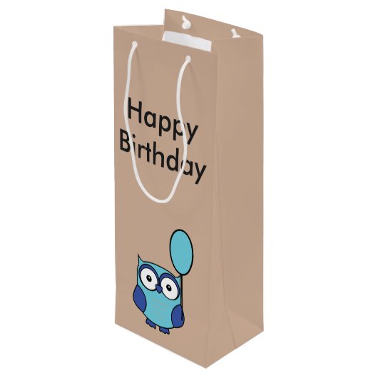 Happy Birthday Owl Blue en Aqua Wijn Cadeautas (Achterkant Gekanteld)