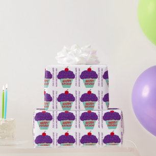 Happy Birthday Paarse Frosting Cherry Cupcake Cadeaupapier