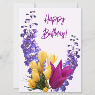 Happy Birthday paarse geel roze bloemen Feestdagenkaart