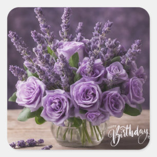 Happy Birthday Paarse Rozen en Lavendelbloemen Vierkante Sticker