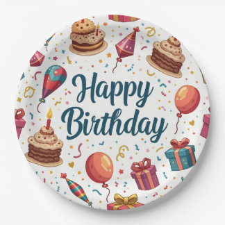 Happy Birthday Paper Bord met ballonnen en taart