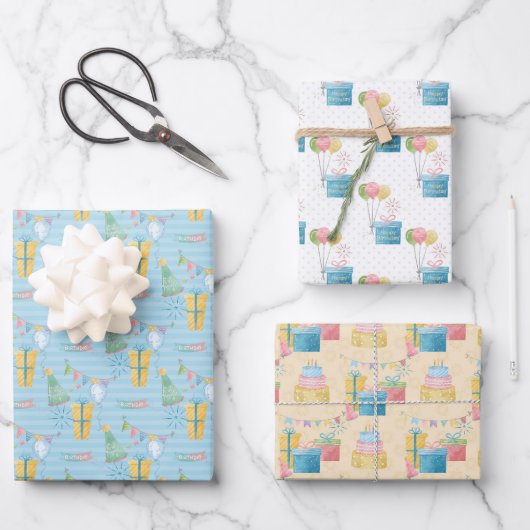 Happy Birthday Pattern-ontwerp Waterverf Inpakpapier Vel (Voorkant)
