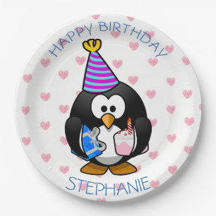 Happy Birthday Penguin Blue en roze papieren Borde Bordje