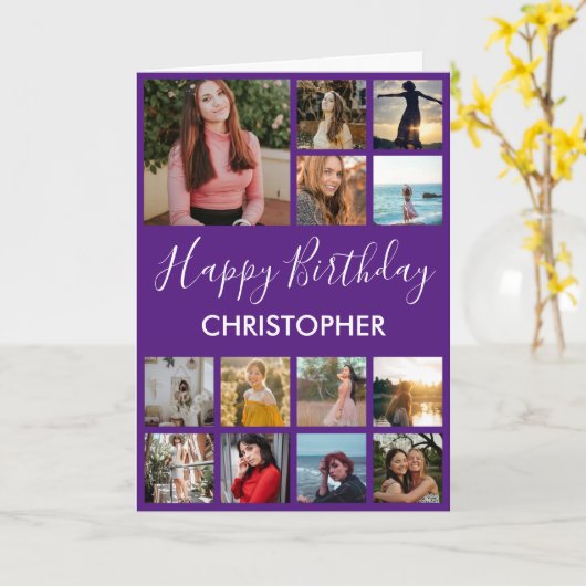 Happy Birthday Photo Collage 13 Foto's Paars Kaart (Gele Bloem)