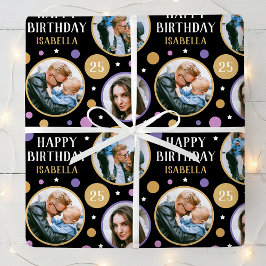 Happy Birthday Photo Collage Any Age 25th Purple Cadeaupapier