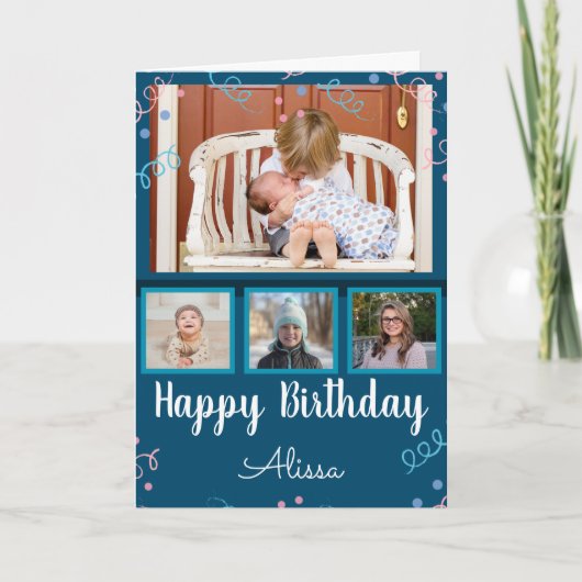 Happy Birthday Photo Collage Custom Name Confetti Kaart (Voorkant)