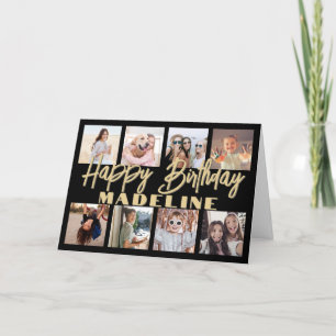 Happy Birthday Photo Collage Elegant Zwart & Goud Kaart
