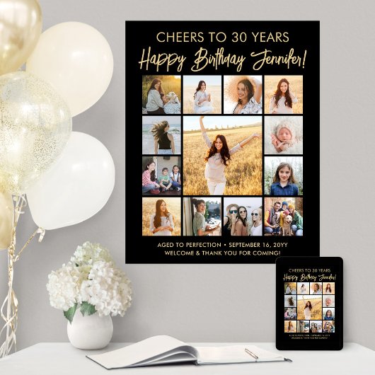 Happy Birthday Photo Collage Modern Zwart en Goud Poster