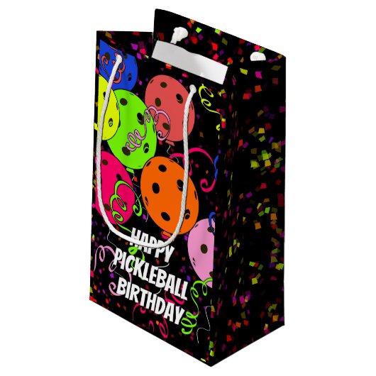 Happy Birthday Pickleball Balloons Confetti Black Klein Cadeauzakje (Achterkant Gekanteld)