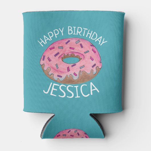 Happy Birthday Pink Blauwgroen, gevat Donut Doughn Blikjeskoeler (Voorkant)