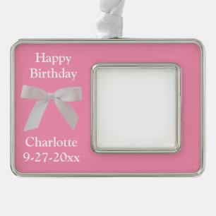 Happy Birthday Pink Bow gepersonaliseerd Verzilverd Kader Ornament