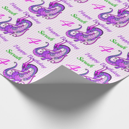 Happy Birthday Pink Dragon Girl's Name Custom Cadeaupapier (Hoek)