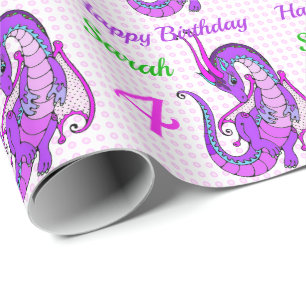 Happy Birthday Pink Dragon Girl's Name Custom Cadeaupapier