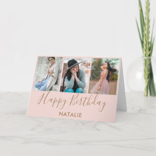 Happy Birthday Pink en Gold 3 Photo Collage Kaart
