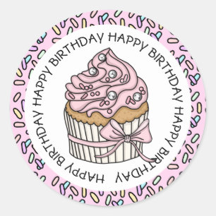 Happy Birthday Pink en Vanilla Cupcake Ronde Sticker