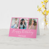 Happy Birthday Pink en White 3 Photo Collage Kaart (Gele Bloem)