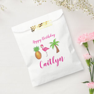 Happy Birthday Pink Flamingo Palm Tree Pineappel Bedankzakje