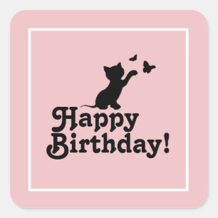 Happy Birthday Pink Kitten en Butterfly Sticker