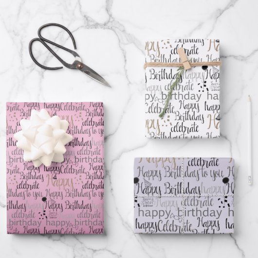 Happy Birthday Pink Paars Ombre Inpakpapier Vel (Voorkant)
