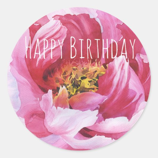 Happy Birthday Pink Peony Circle Stickers (Voorkant)
