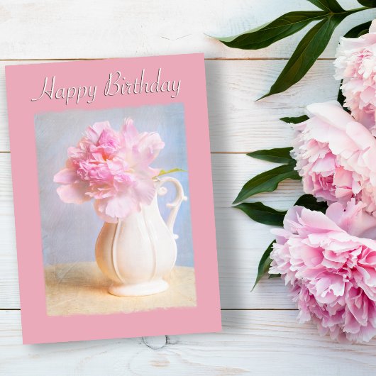  Happy Birthday Pink Peony White Vase Kaart
