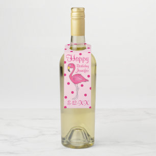 Happy Birthday Pink Polka Dot Flamingo Bird Favor Flessenhanger