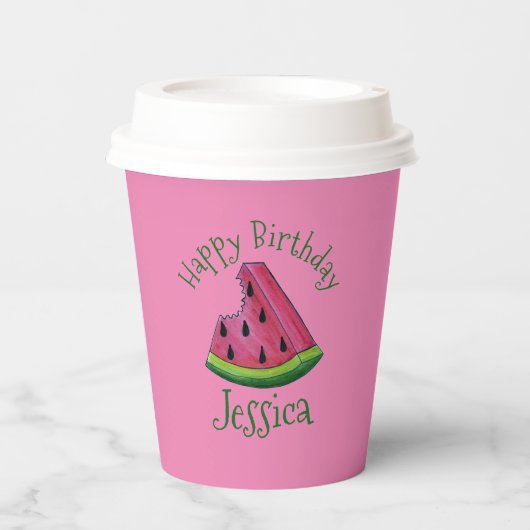Happy Birthday Pink Watermelon Slice Fruit Picnic Papieren Bekers (Voorkant)