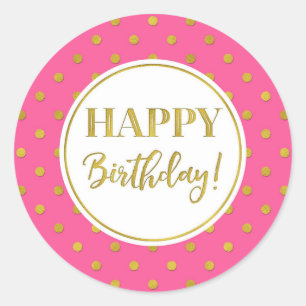 Happy Birthday Pink White Gold Stippen Ronde Sticker