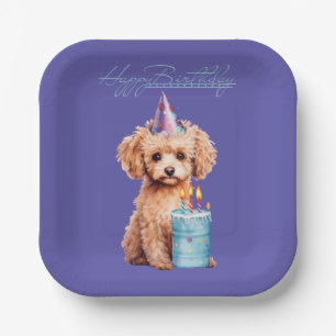 Happy Birthday Poodle met Party Pet & Bday Cake Papieren Bordje