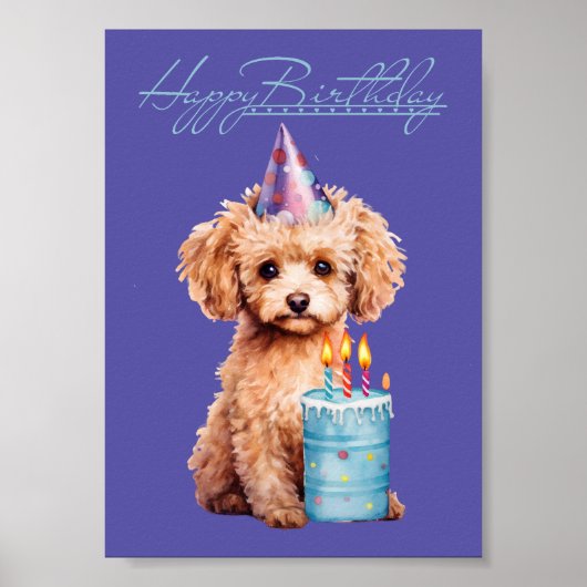 Happy Birthday Poodle met Party Pet & Bday Cake Poster (Voorkant)