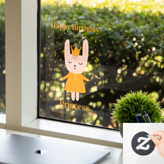Happy Birthday Princess Bunny Design Window Cling Raamsticker (Kantoor)