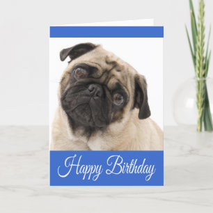 Happy Birthday Pug Puppy Dog Blue Wenskaart Kaart
