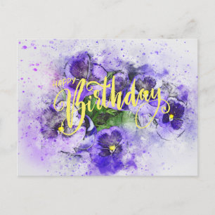 Happy Birthday Purple Watercolor Pansy Flowers  Briefkaart