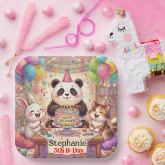 Happy Birthday Rabbit Panda Cat Cute Animals Papieren Bordje