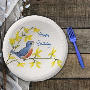 Happy Birthday Red Blue Bird Branch Flowers Papieren Kommen
