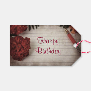 Happy Birthday Red Floral met pen en papier Cadeaulabel