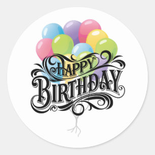 Happy Birthday Retro Kaart Ballonnen Ronde Sticker