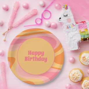 Happy Birthday Retro Vibe Abstract Swirl 60s 70s Papieren Bordje