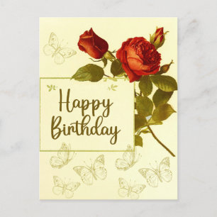 Happy Birthday  Rode Rozen en Vlinders Briefkaart