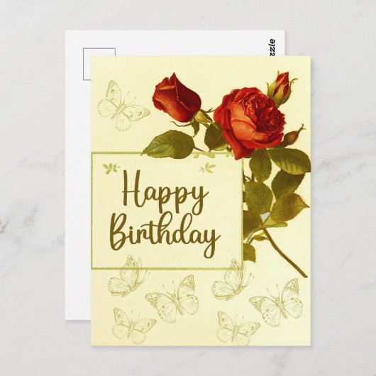 Happy Birthday Rode Rozen en Vlinders Briefkaart (Voorkant / Achterkant)
