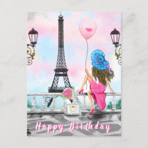 Happy Birthday Romantic Card Woman in Parijs Briefkaart