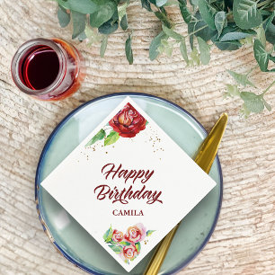 Happy Birthday Rood Goud  Bloemen Roos Custom Servet