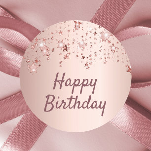 Happy Birthday roos gouden sterren roze Ronde Sticker