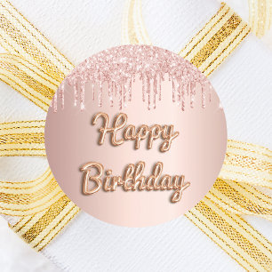Happy Birthday roos gouden zwarte glitterdruppels Ronde Sticker