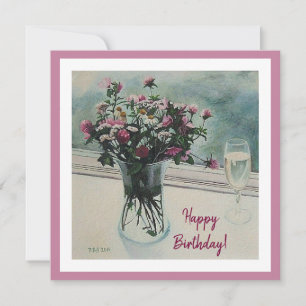 Happy Birthday  roze bloemetjes floral fine art Feestdagenkaart