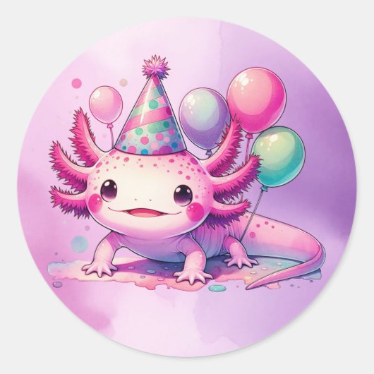 Happy Birthday Roze en Paarse Axolotl Ronde Sticker (Voorkant)